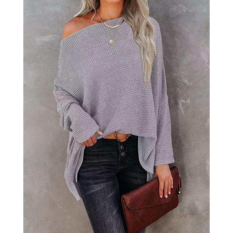 Spring Autumn Women T-shirt Casual Off Shoulder Long Sleeve Waffle Knit Pullover Sweater Pullovers Tops