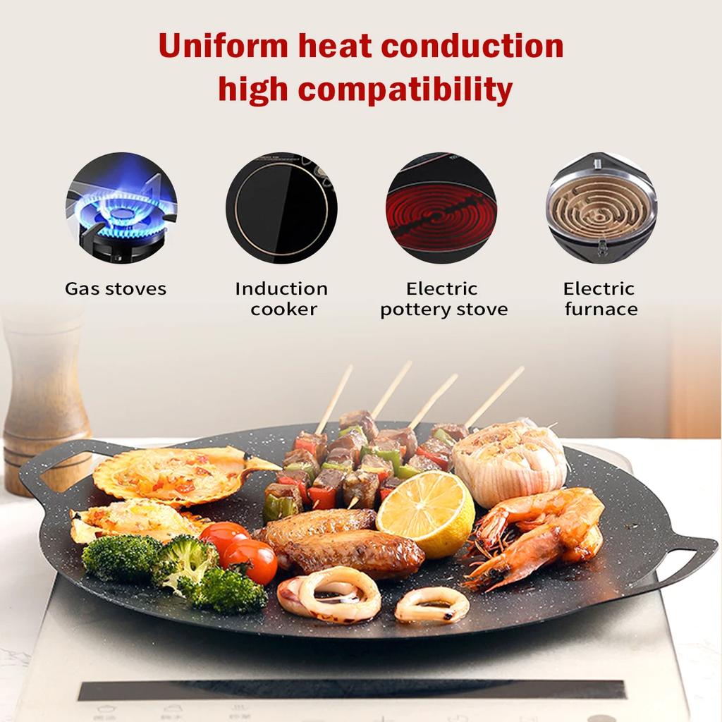 Leeseph Korean BBQ Grill Pan Round Griddle Pan for Gas Open Fire Camping Home Outdoor Stoves Circular Multiple Sizes Black