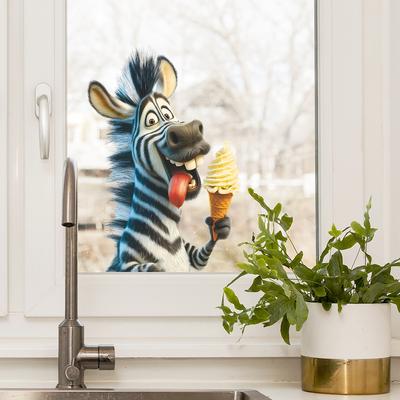 Adesivi Murali Decorativi Divertenti e Creativi con Zebra che Mangia Gelato per Cucina di Ristorante
