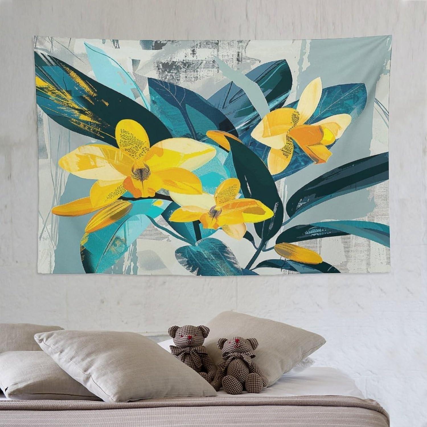 1pc Yellow and blue floral print tapestry, polyester fabric, machine washable, suitable for bedrooms and living rooms. 100X70CM