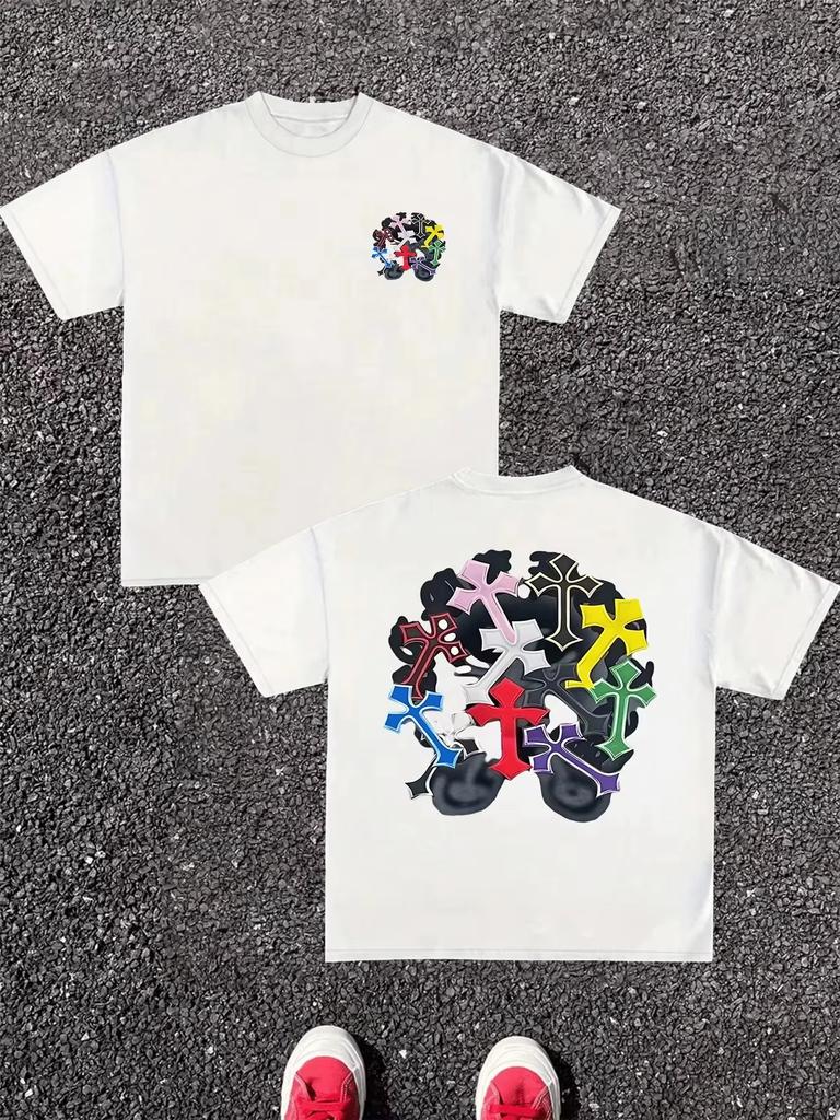 2026 New Harajuku Streetwear Pure Cotton Men T-Shirt Double Sided Digital Print Colorful Cross Graphic Breath