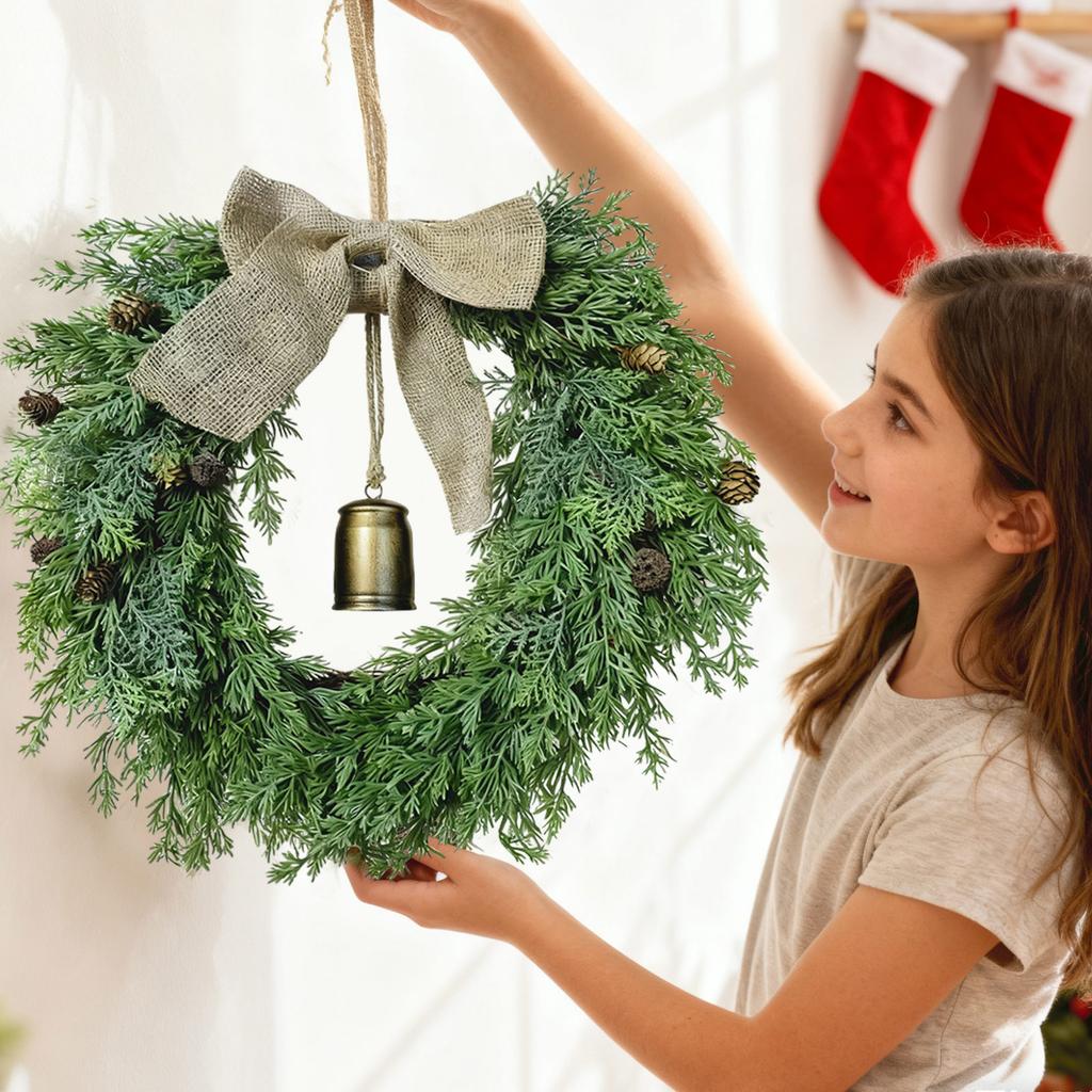 Christmas Wreath-Inch Wreath With Bells,Bow,Pinecones,Artificial Christmas Wreaths For Front Door,for Indoor Outdoor Wall Window Porch Christmas Decor