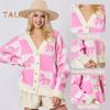 Women Autumn Winter Sweater V-Neck Long Sleeve Single Breasted Knitting Sweater Bowknot Plaid Print Sweater Coat