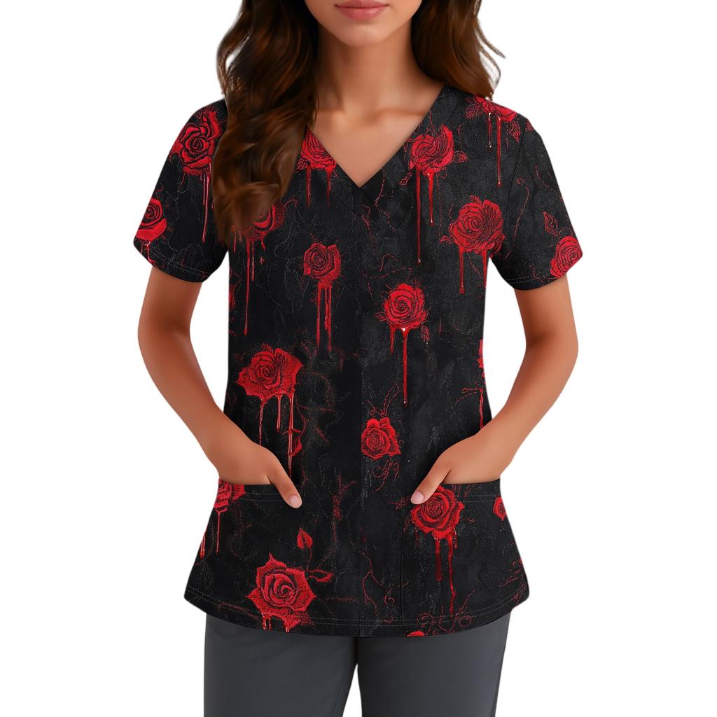 Haut d'uniforme médical à manches courtes et col en V pour femme avec poches Chapeau de sorcière d'Halloween et imprimé Uniforme de travail pour infirmière aide-soignante