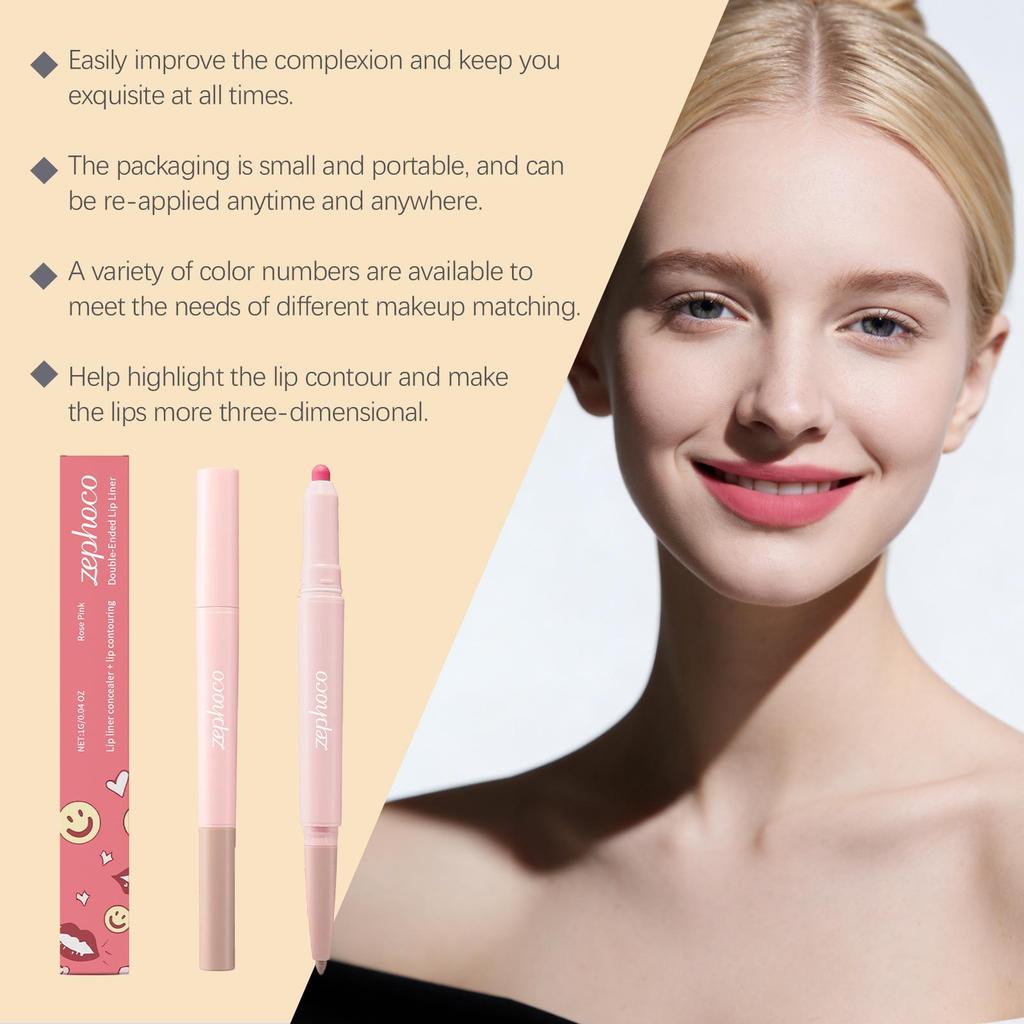 Zephoco Rose Pink Double-Ended Lip Liner & Concealer Stick for Natural Makeup - Smooth, Girlish Pink Pencil