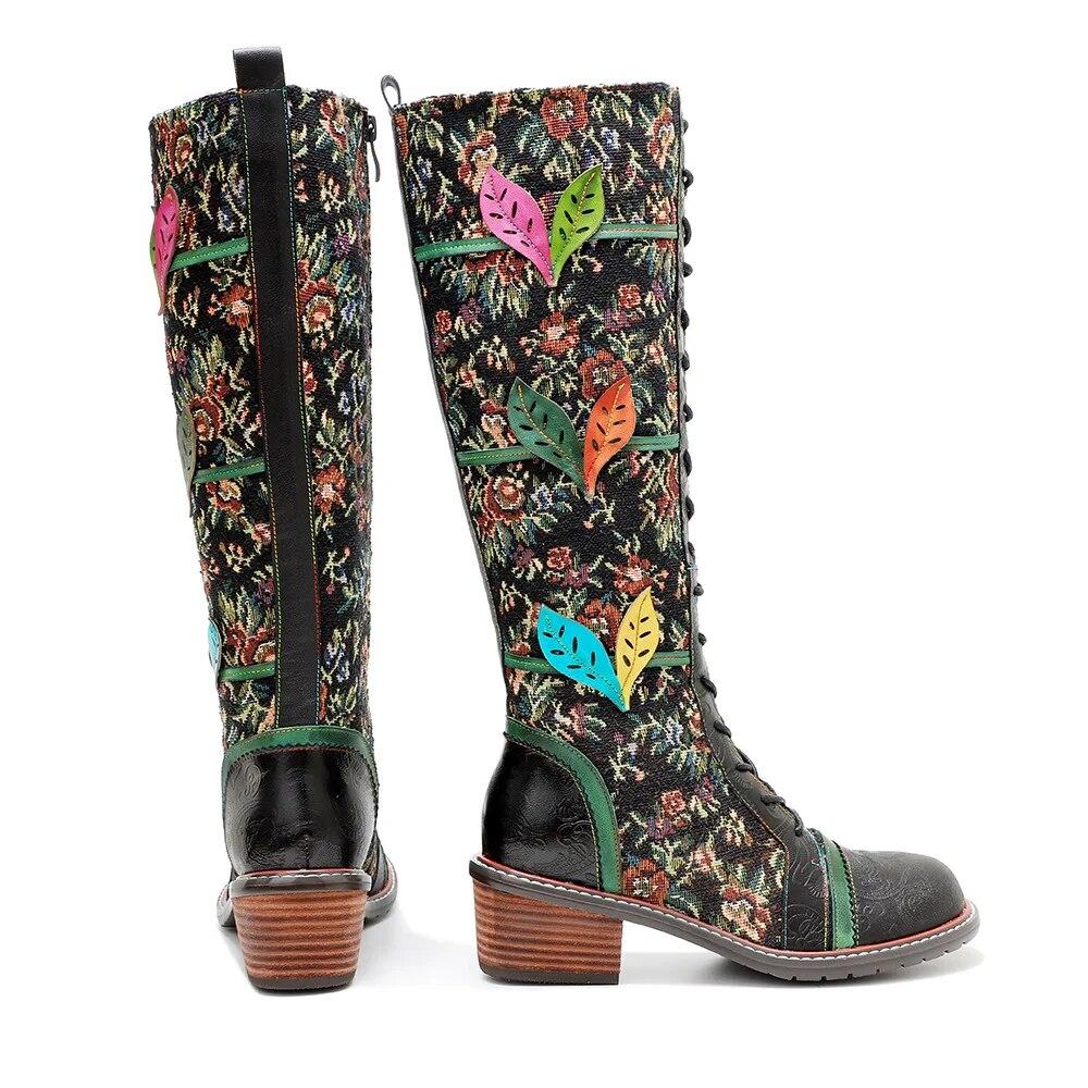 Johnature Botas largas de cuero genuino para mujer, zapatos hechos a mano con estampado Retro, Color a juego, con cordones, hasta media pantorrilla