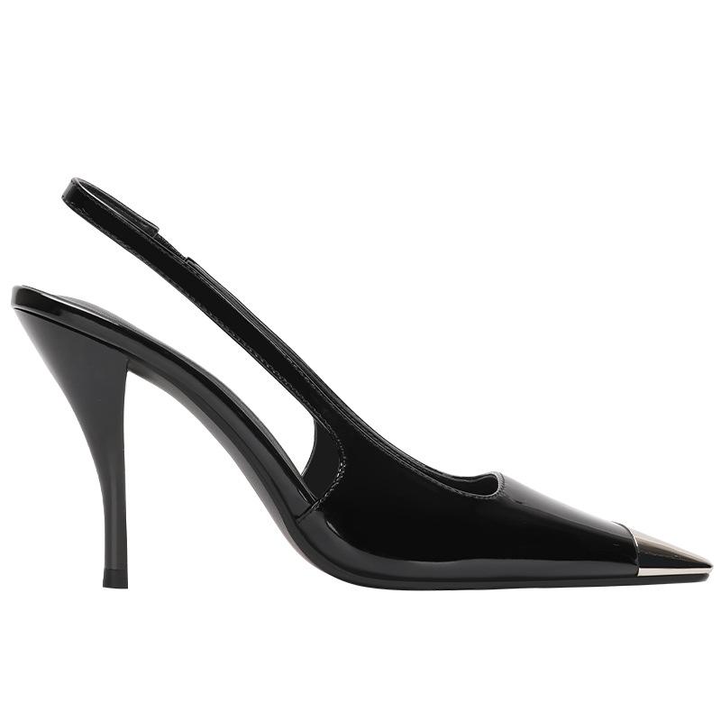 Rose Park Caiying same sexy patent leather high heels square head metal head thin heel single shoes black bag head sandals women