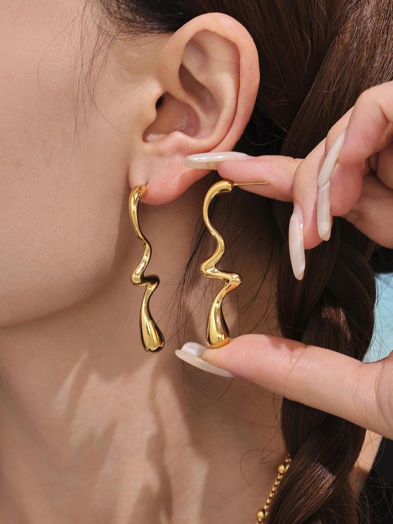 Qiong Yao 18K Gold-Plated Irregular Water Drop Earrings - Non-Fading, European & American Style Fashion Accessories.