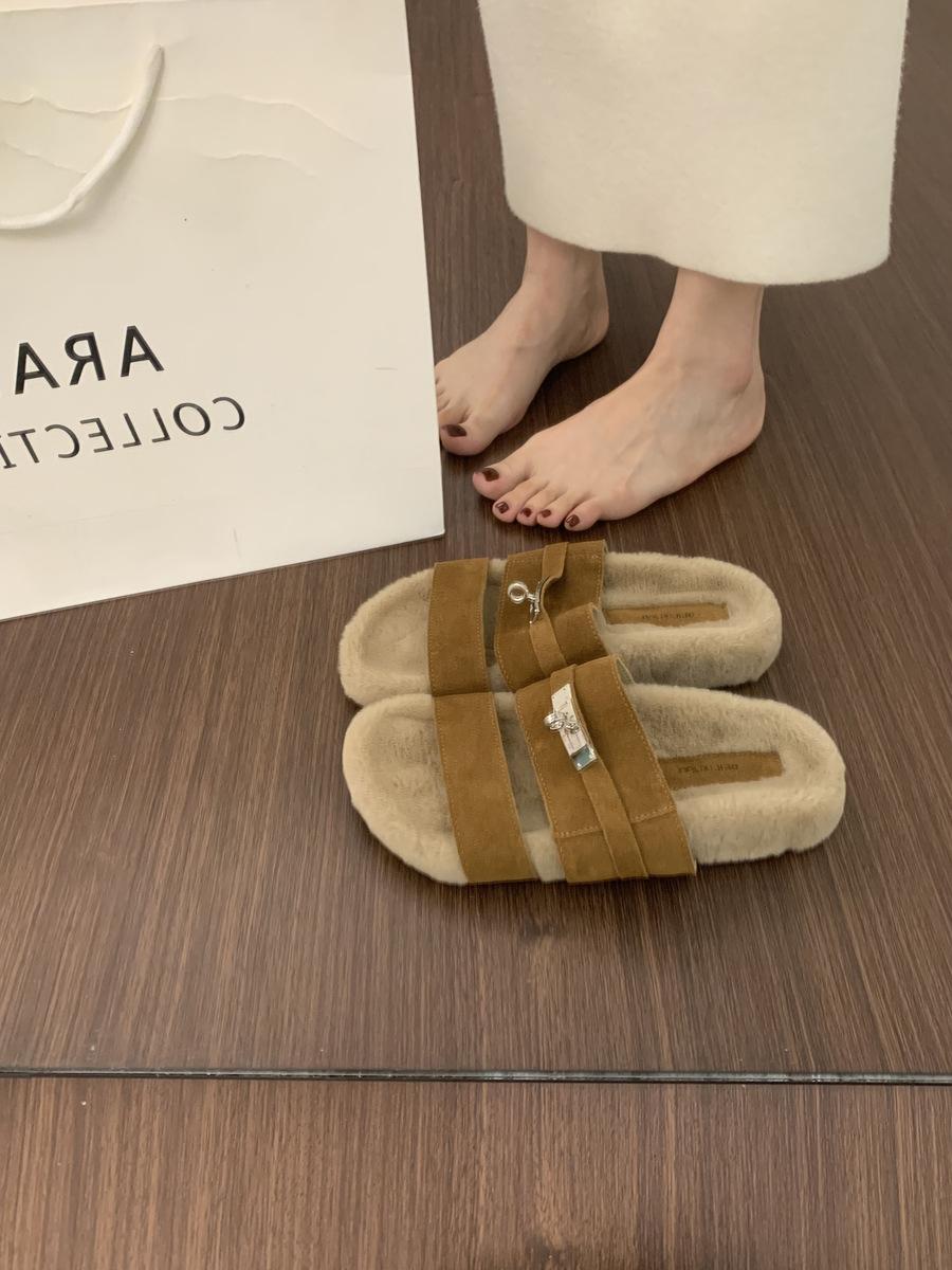 

BEILIXUAN cowhide evening breeze casual thick-soled fluffy slippers women s outer wear 2025 autumn and winter one-word cotton shoes 39