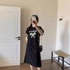 Korean alphabet print casual t-shirt dress women's lazy style loose medium and long knee split lazy skirt