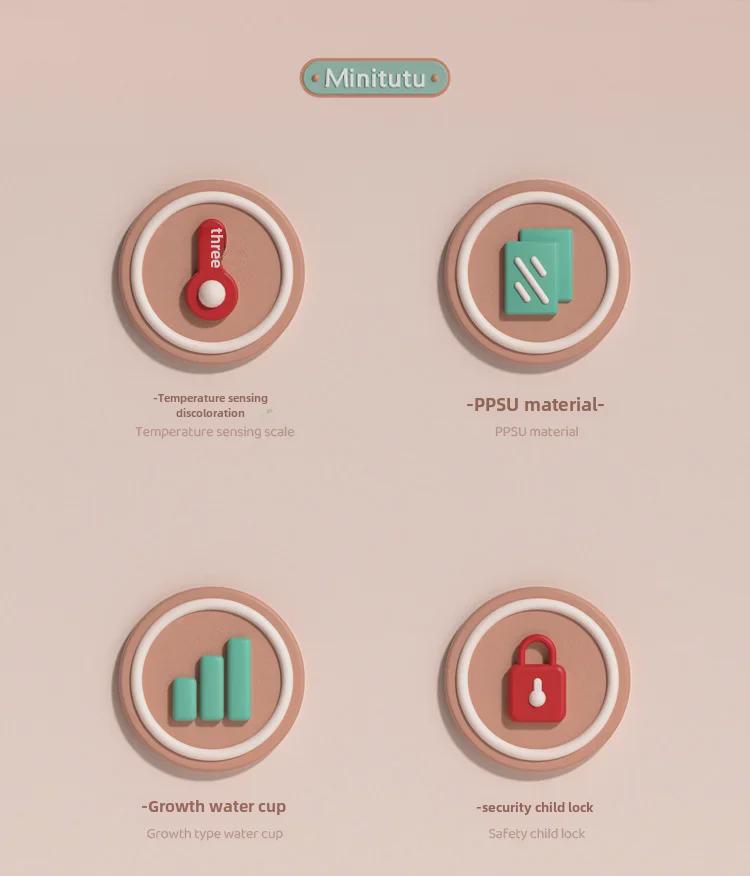 Minitutu Wide Mouth Bottle with Temp-Sensitive Scale, Flip-Top, Anti-Fall, Anti-Flatulence, and Suction Duckbill
