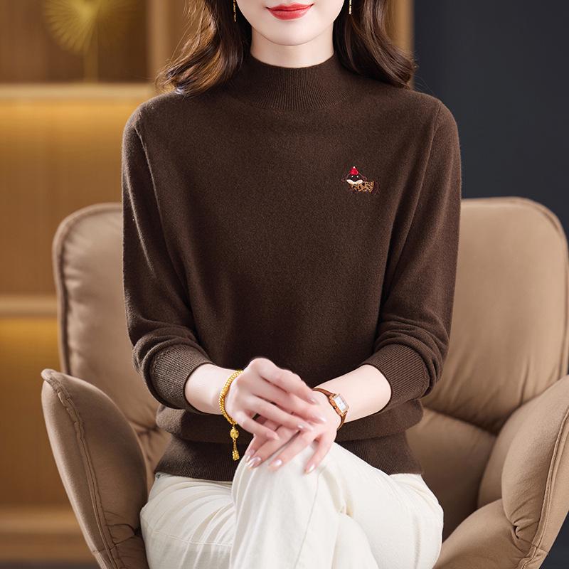 Women's Pure Wool Half-High Neck Sweater: Winter Warm, Loose Fit, Fashionable for Middle-Aged & Elderly Mothers