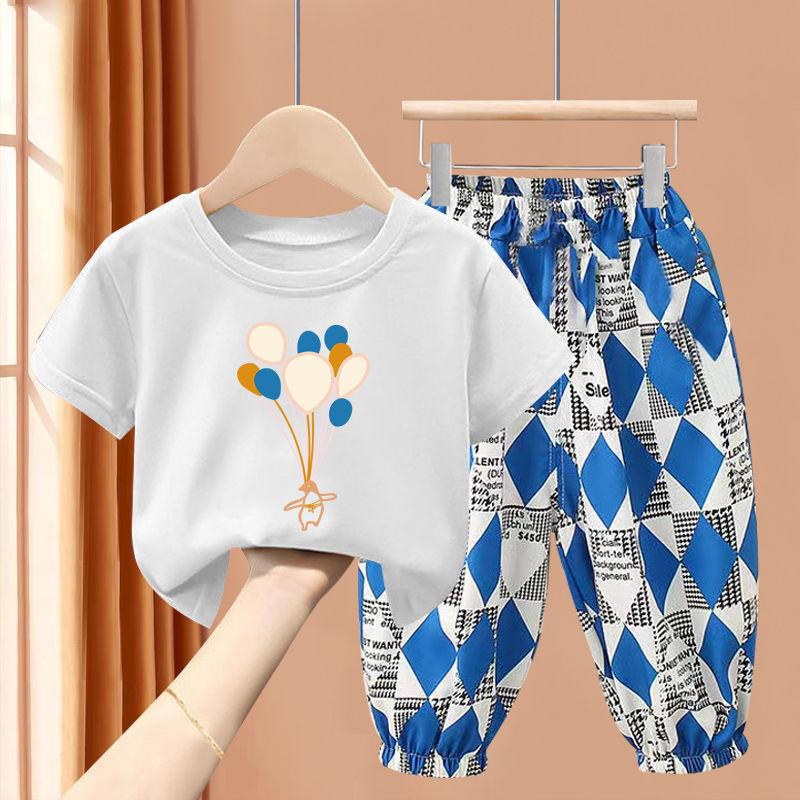 New Boys' Short Sleeve Set Medium and Small Girls' T-shirt Two Piece Set
