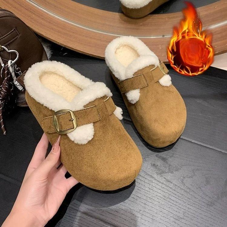 Thick-soled and Fleece-covered Headband Half-toe Slippers for Women, New Style Women's Lazy Cotton Shoes