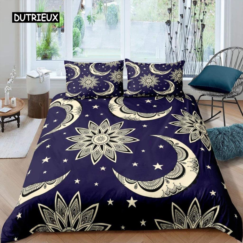 Sun Moon Duvet Cover Set Queen Microfiber Bohemian Black and White Print Yin Yang Comforter Cover Galaxy Star Twin Bedding Set
