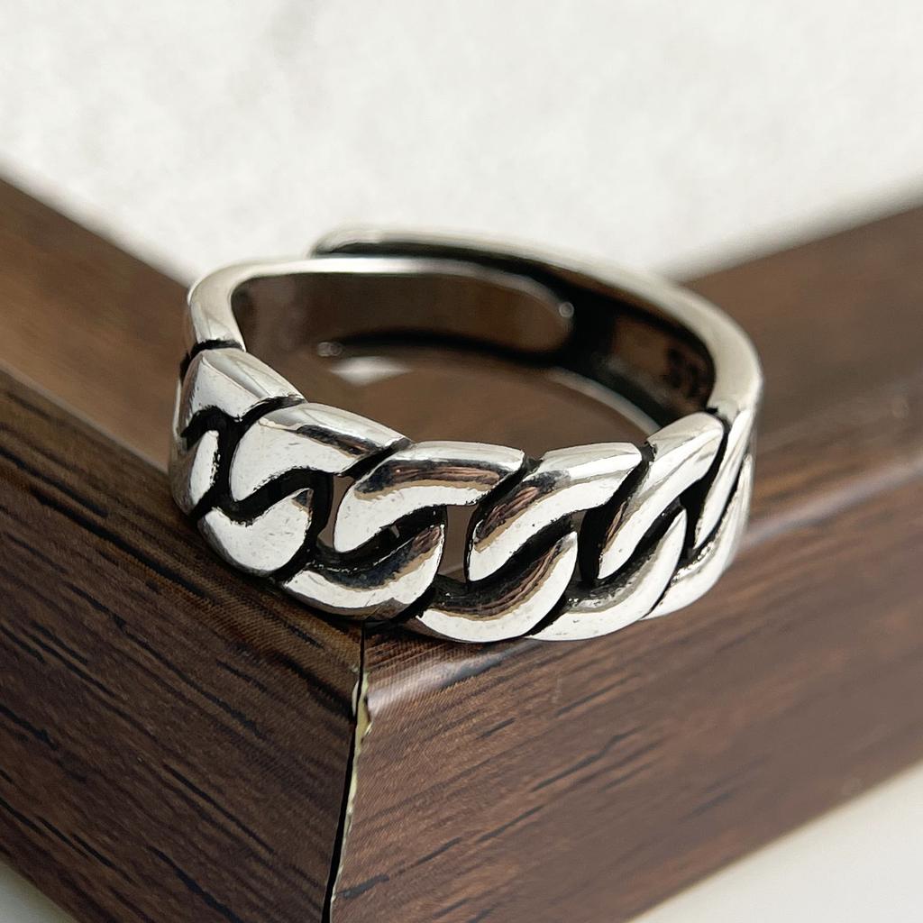 925 Sterling Silver Rings For Women Geometric Fine Jewelry Finger Adjustable Simple Retro Chain Ring For Party Birthday Gift