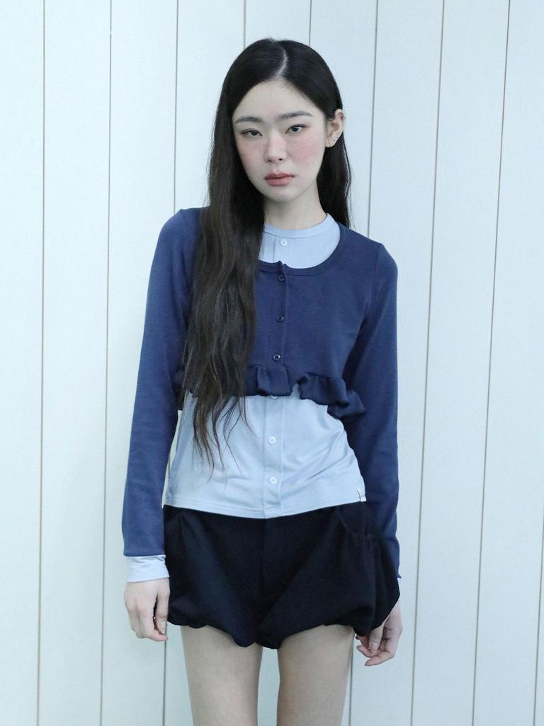 Eogeulliswedou Layered Frill Cardigan T-Shirt (Navy)