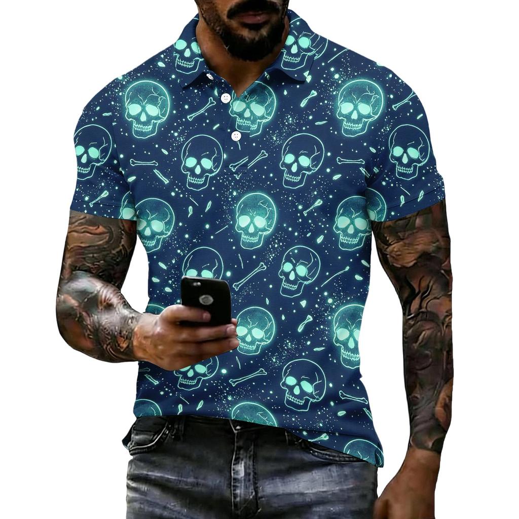 Unisex Loose Fit Casual Short Sleeve Polo Shirt with Halloween Skull and Print for Everyday Wear and Themed Events