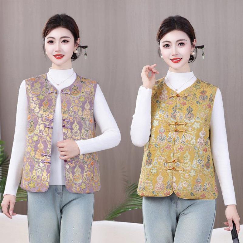 Damen Retro Chinesischer Stil Froschknopf Rundhals Weste – Frühling/Herbst Kürbis Jacquard Design