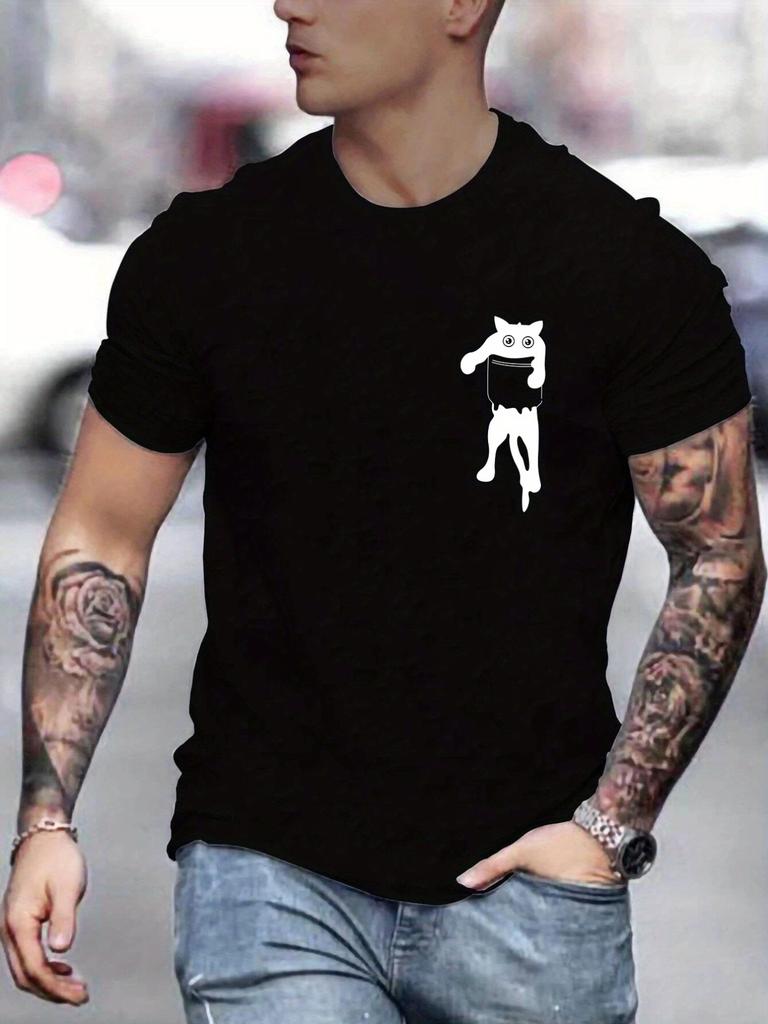 Cat Round Neck T-shirts, Causal Graphic Tees, Short Sleeves Slim Fit Tops, Men's Summer Clothing