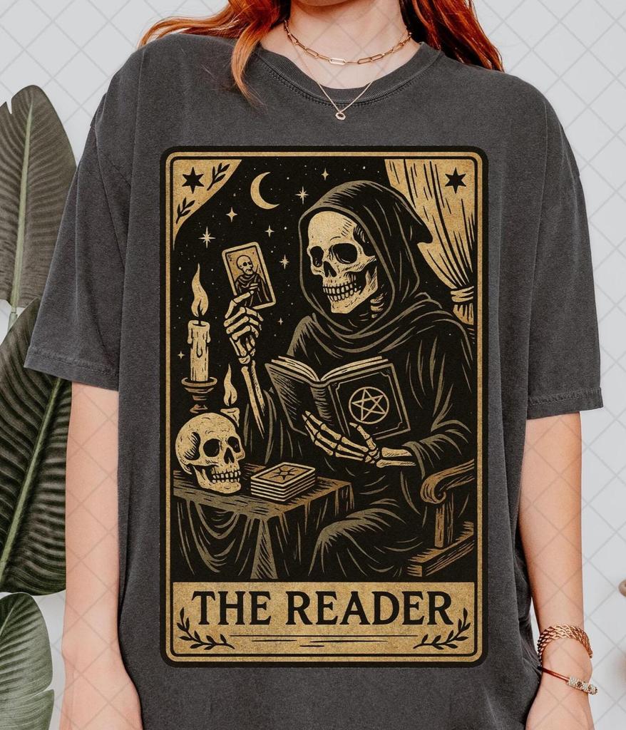 Comfort Colors The Reader Tarot Card Shirt, Skeleton Reading Shirt, Unisex Tarot Card Shirt, Book Lover Gift, Bookish Gift,Tarot Lover Shirt