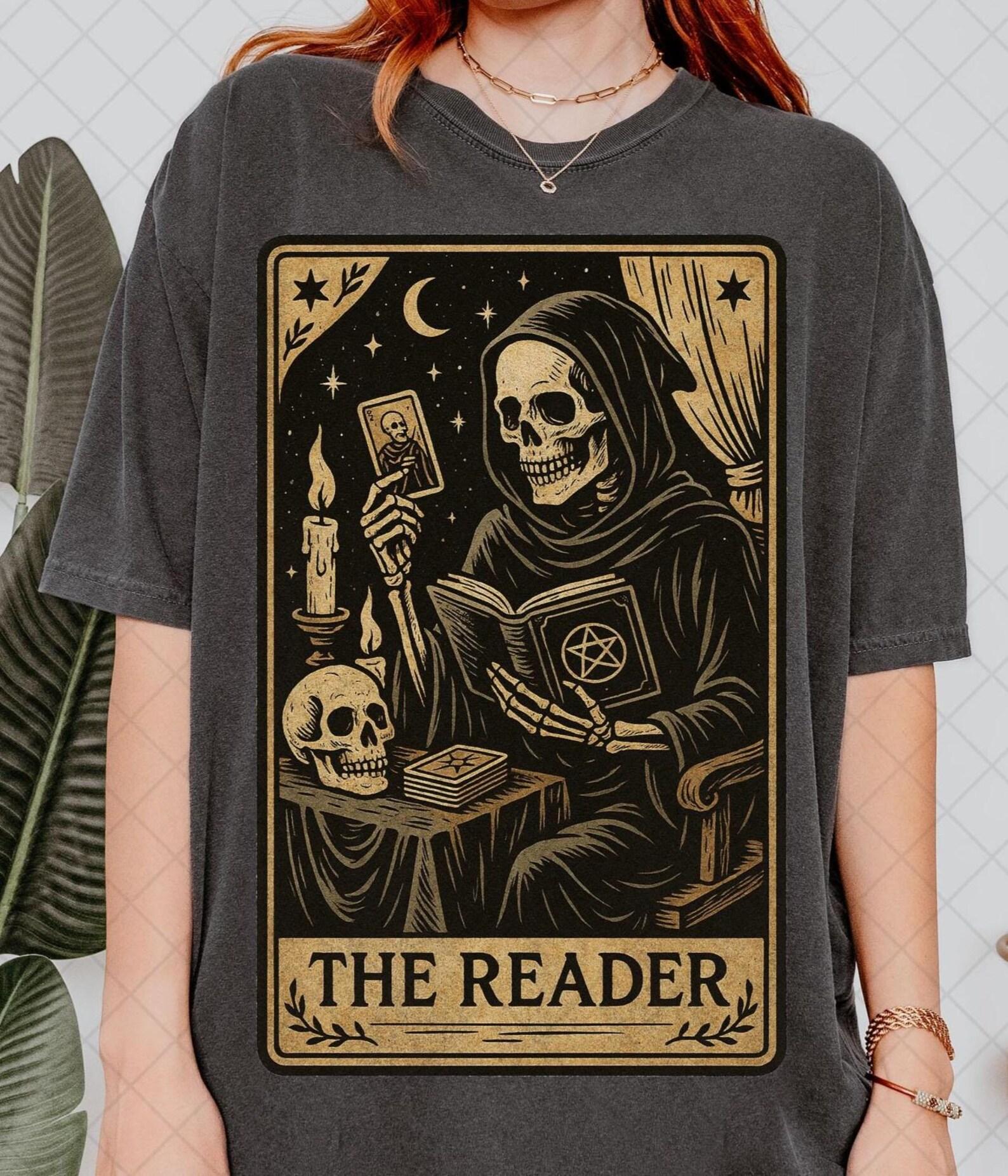 Comfort Colors The Reader Tarot Card Shirt, Skeleton Reading Shirt, Unisex Tarot Card Shirt, Book Lover Gift, Bookish Gift,Tarot Lover Shirt XL