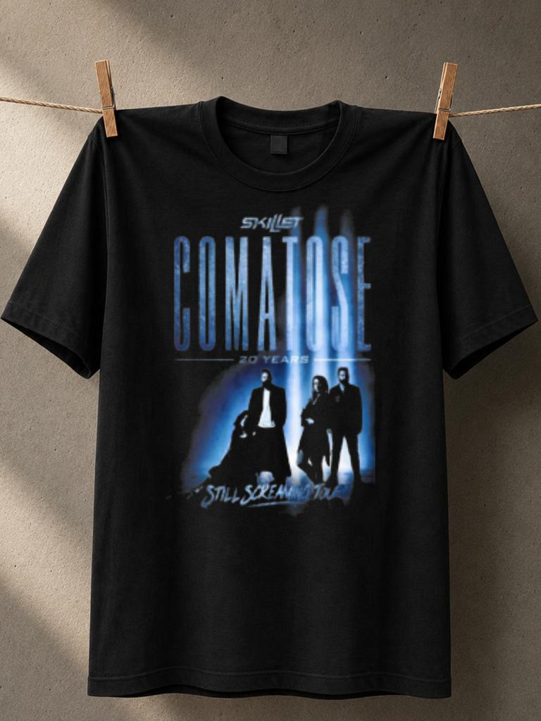T-shirt Unisexe Skillet Comatose Blue Graphic Anniversaire Cinématographique Avec Lettres Hautes Et Tournée Still Screaming