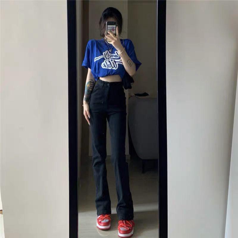 Women's Black High-Waisted Elastic Jeans - Spring/Autumn, All-Match, BF Style, Slimming, Tall, Straight-Leg, Floor-Length.