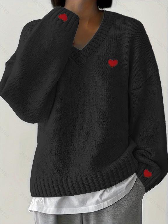 European American Love Embroidery V-Neck Sweater: Stylish Loose-Fit Pullover Knitwear