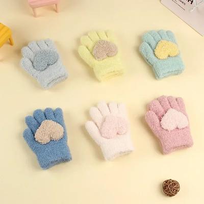Cute Baby Gloves Cartoon Full Fingers Mittens Warm Gloves Autumn Solid Color Fluffy Knitted Mittens Thicken Bow Outdoor Gloves