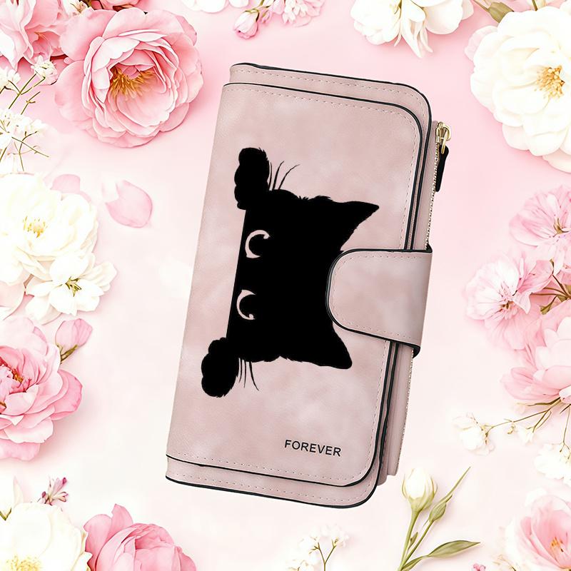 Women's Wallet 1 Piece Couple's Style - Cat-themed design wallet, with snap button coin pocket and card holder, portable long wallet, suitable for
