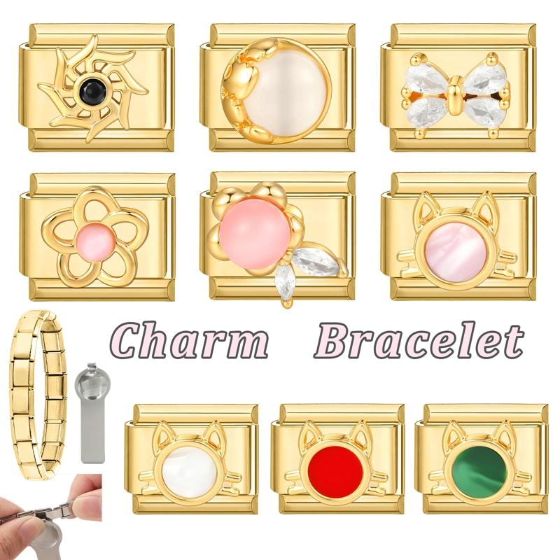 Vintage Golden Charm Zircon Butterfly Bow Cat Flower Italian Charm Links Fit 9MM Stainless Steel Bracelet Women DIY Making Gift