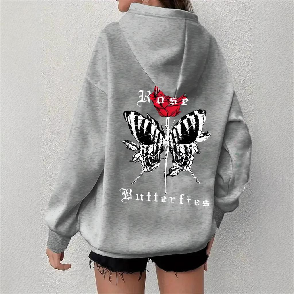 Design Sense Simple Fashion Design Sense Butterfly Rose Printed Hooded Sweater Simple and Versatile