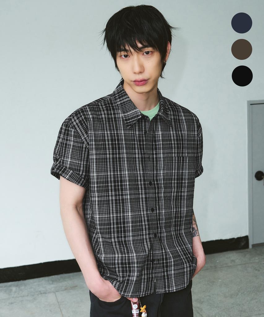 Awodeijeu Day Off Roll-Up Crop Check Short Sleeve Shirt [3 Colors]