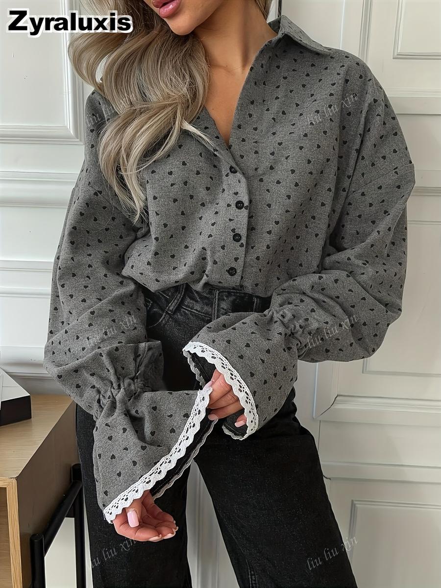 Heart Dot Lantern Sleeve Shirt Women s Long Sleeve Loose Casual Top XS