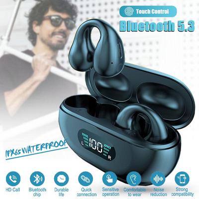 Schmerzlos tragende Ohrclip-Ohrhörer. TWS kabellose Bluetooth 5.3-Ohrhörer mit Mikrofon, wasserdichte Sportkopfhörer, Geräuschunterdrückung mit LED-Leistungsanzeige