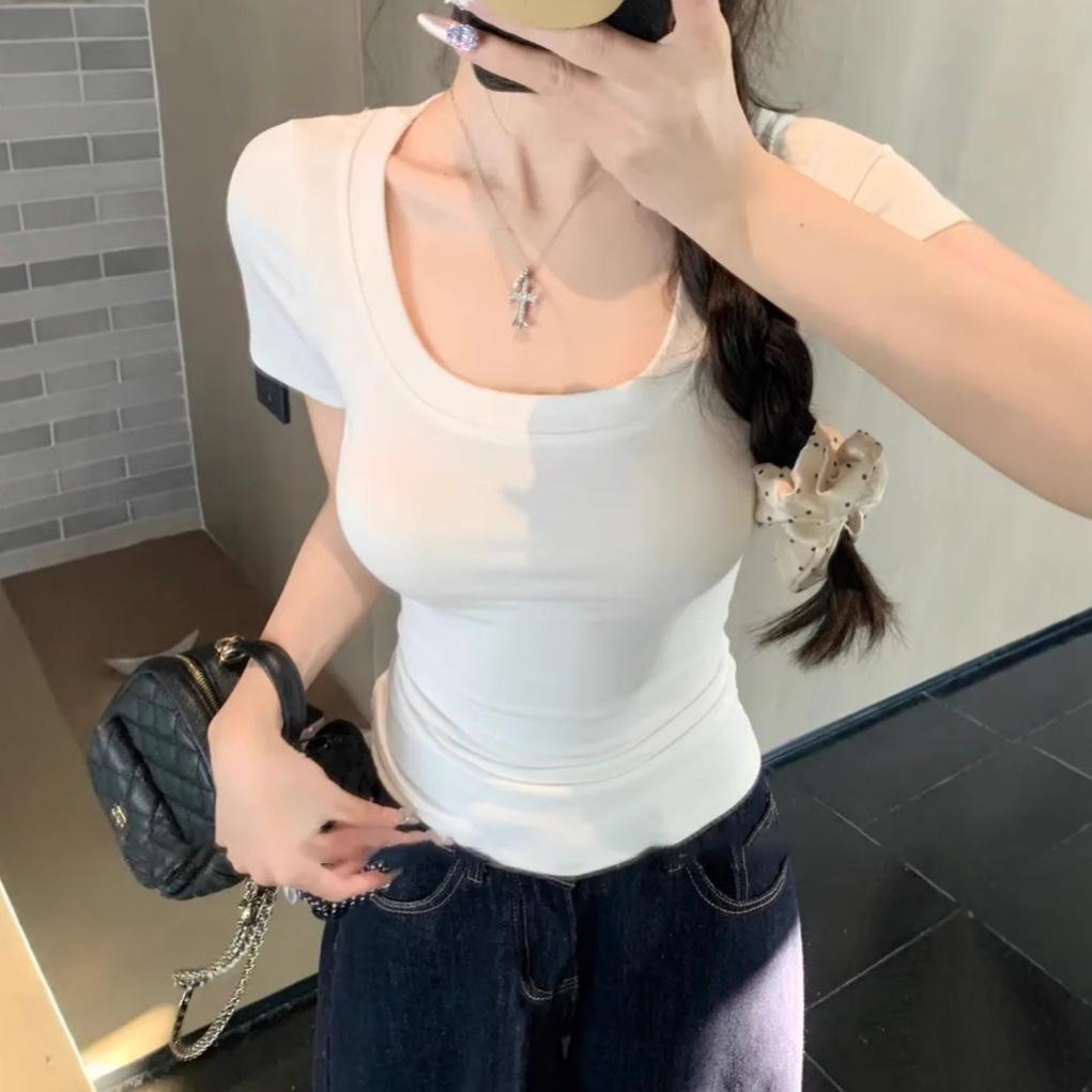 Women's U-neck White Cropped T-shirt - Short Sleeve, Slim Fit, 2026 New Style
