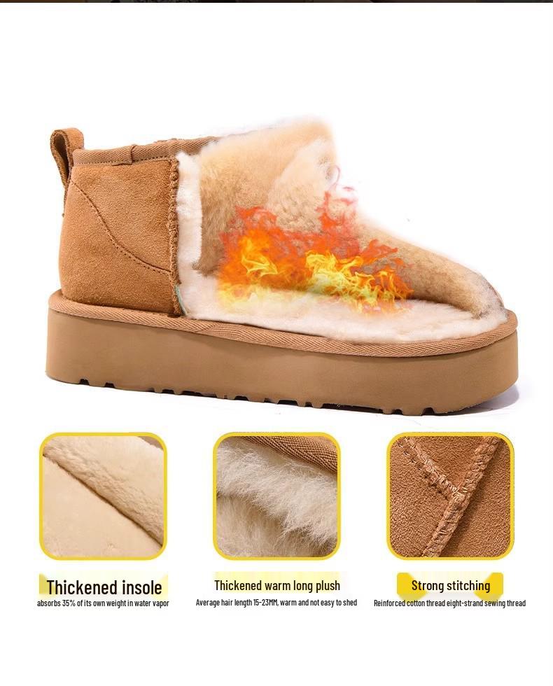 Henan Sangpo Women's Fleece-Lined Snow Boots - Thick-Soled Shearling, Zhou Dongyu Style, Pure Wool, Couple's Edition