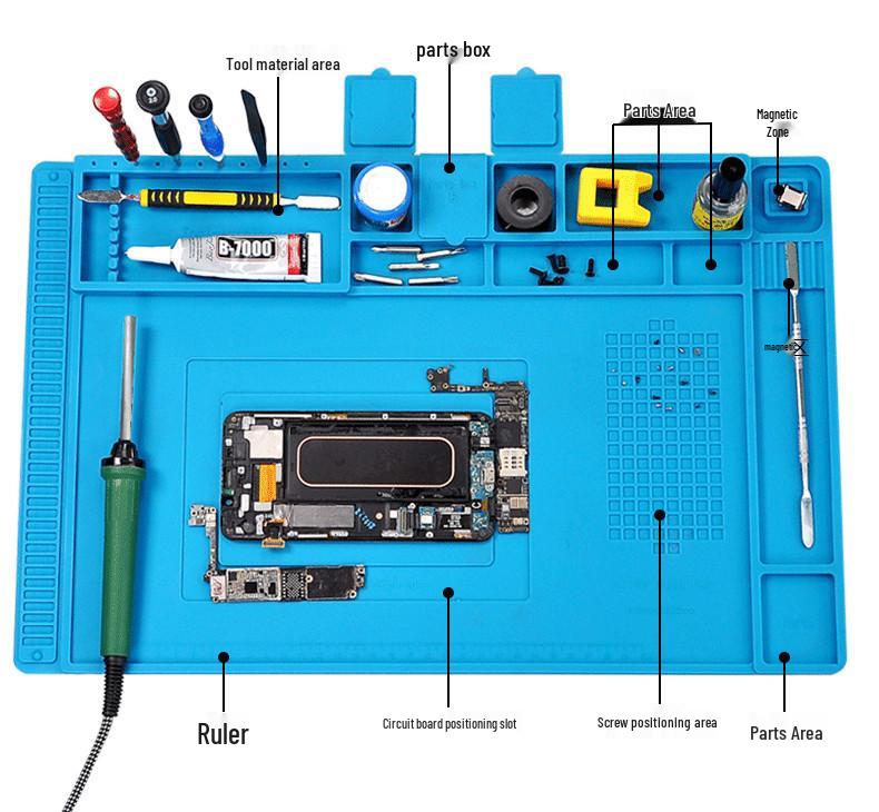 

Силиконовый коврик для ремонта электроники с магнитными секциями для телефона и паяльной рабочей станции 450mm x 300mm синий