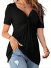 Women's V Neck Knot Front Blouse Short Sleeve Oversized Solid Summer Tunic T-Shirt