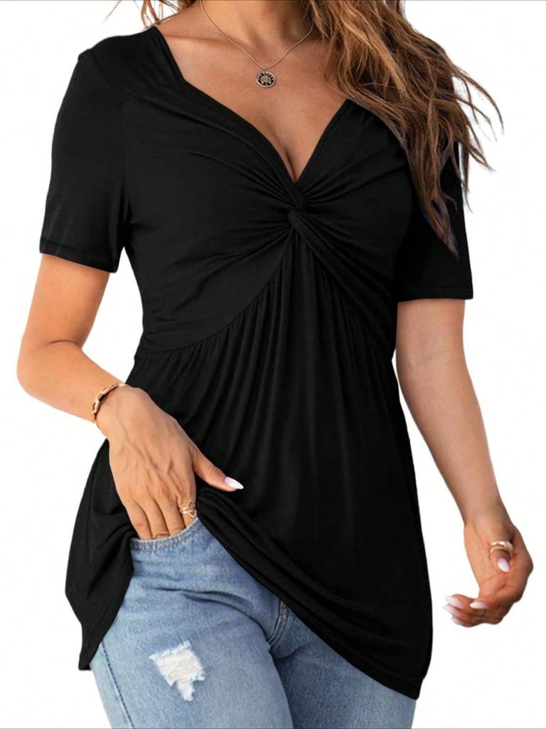 Women's V Neck Knot Front Blouse Short Sleeve Oversized Solid Summer Tunic T-Shirt