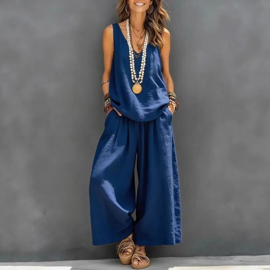 Women's Summer Sleeveless 2 Piece Outfit V Neck Top And Wide Leg Pants Set Casual Vacation Matching Lounge Set