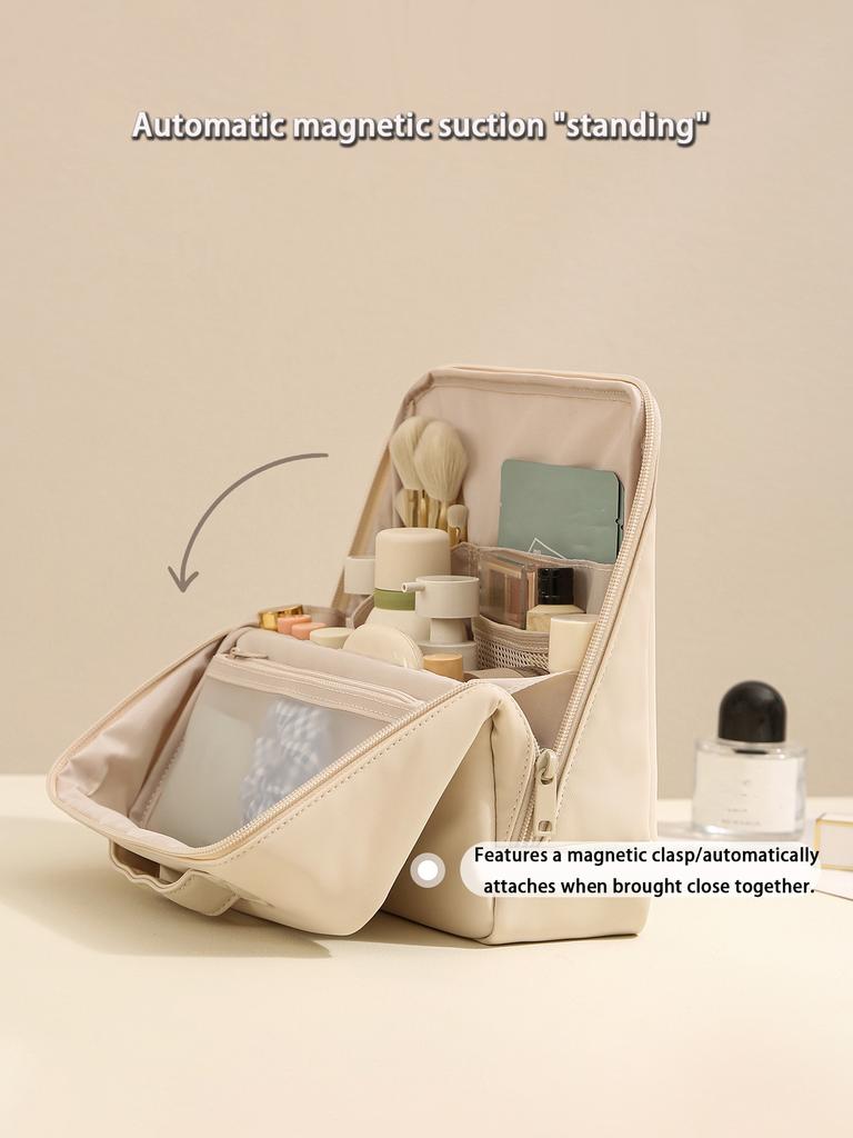 1 Pieza Bolsa de Maquillaje Vertical de Viaje de Cuero PU Premium - Multicompartimento, Gran Capacidad y Neceser Portátil