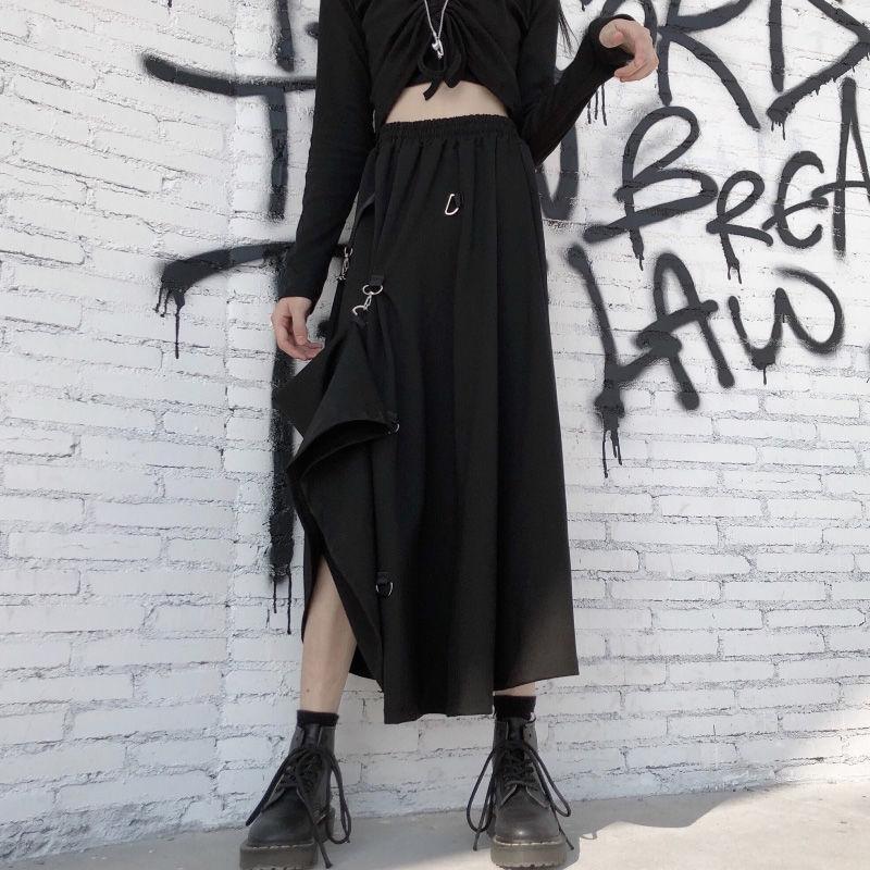 Dámské sukně ve stylu Harajuku Punk, nadměrná velikost, vysoký pas, přezka, nepravidelná, gotická sukně, černá, Hip Hop, Streetwear, volně nastavitelná