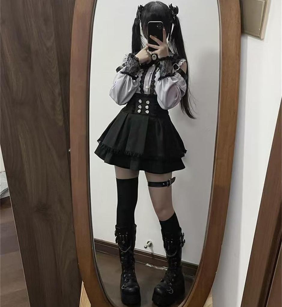 Long Sleeve Shirt Set with Ruffle and Mori Girl Top with Detachable Lolita Harajuku Clothing for and Winter Gray [Yhsuoxfd] Women's Set, 2-Piece