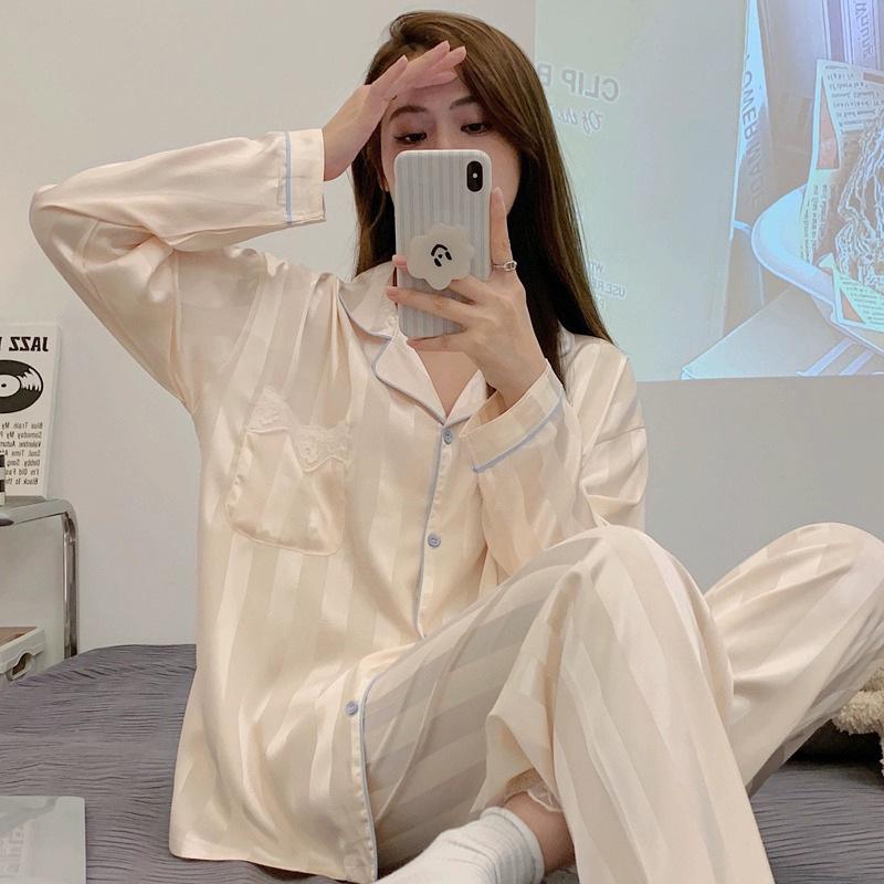 Spring And Summer Ice Silk Thin Pajamas High-End Striped Cardigan Short-Sleeved Casual Cute Loungewear Women