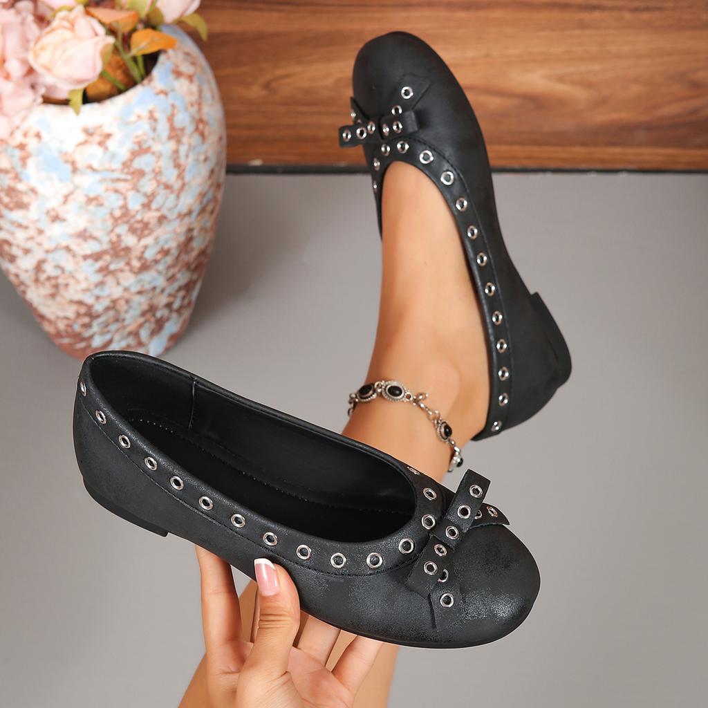 2025 New Women Flats Shoes Round Head Rivet Ballet Loafers Lightweight Mary Jane Single Shoes Summer Bow Flat Sneakers Women