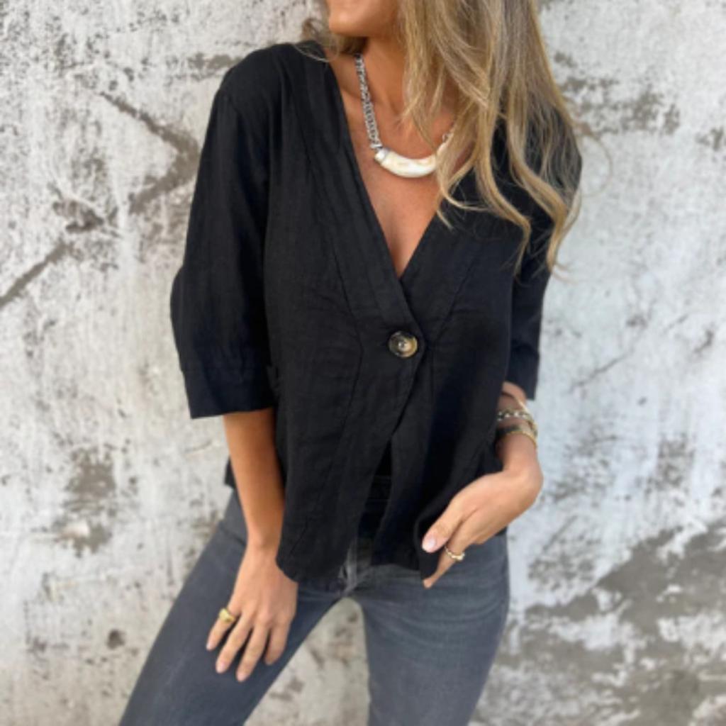 Women's Fashionable Solid Color Loose Three Quarter Sleeve Button Pocket Casual Jacket