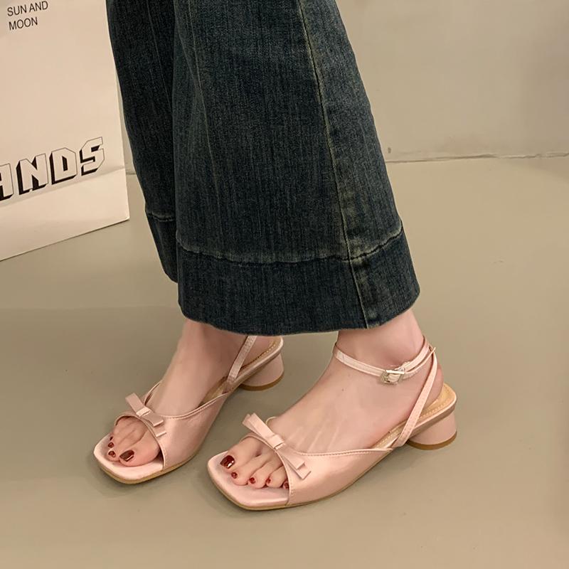 Women Slippers Summer Fashion Butterfly-knot Satin Women Slipper Slip On Ladies Sandal Thin High Heel Outdoor Dress Slides Shoes