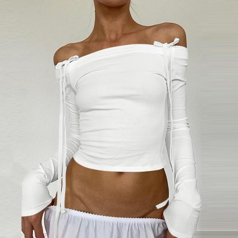

ZANZEA Women Off Shoulder Long Sleeve Lace-up Solid Color Stretch Thin Crop T-Shirts 5XL белый